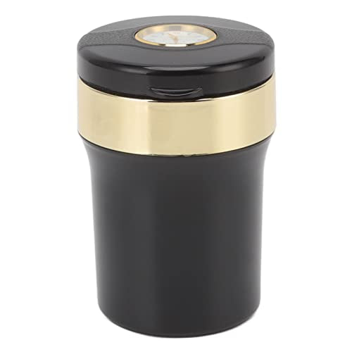 Mini Car Ashtray, Flame Retardant Car Ashtray LED Light Detachable Stainless Steel Inside for Outdoor (Black Gold)