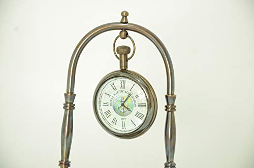 USEW Handmade Nautical Antique Brass Desk & Shelf Clock with Compass Base Antique Brass Desk Hanging Clock with Compass – Roman Dial.