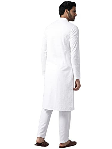 See Designs Mens Kurta | Specially Crafted and Designed for The Eid Festival White Cotton Embroidered Kurta with Pajama Set Mandarin Collar Long Sleeves Chikankari Kurta | SDKT109301L