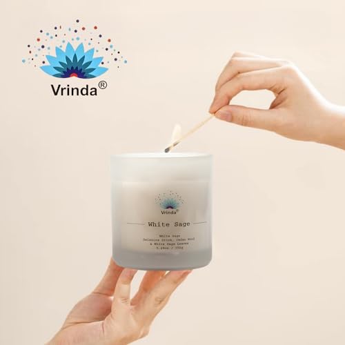 Vrinda® White Sage Glass Scented Candle with Crystals, Soy Blend. Approx. 5.29Oz