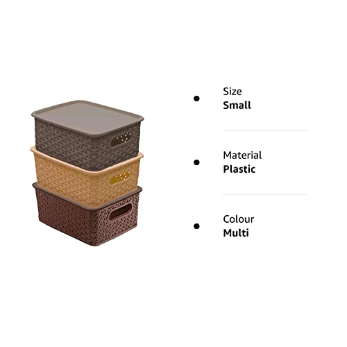 Kuber Industries Plastic Multipurpose Solitaire Storage Basket with Lid|Side Handles & Wovan Design|Size 25 x 20 x 11 CM|Pack of 3 (Multi)-CTLTC010896