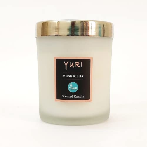 Virgo Creations Yuri Glass Jar Candle, Paraffin Wax, Musk & Lily Fragrance, Frosted Glass Jar Candle with Metal Lid, Aromatic Candle for Relaxation Gifting, Jar Size 7.5x7.5x8.5 cm, Pack of 1