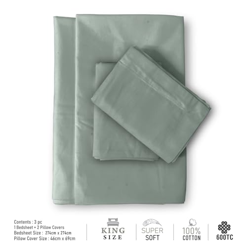 LABHAM - 600TC Luxury King Size Bedsheet for Double Bed (108'' x 108'') with 2 Pillow Covers (46cm x 69cm), Pure Cotton, Super Soft, Breathable, Anti Microbial