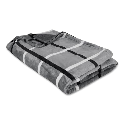 haus & kinder Printed Reversible Flannel Warm Blanket for AC Room-Single Blanket for Kids Adults, Microfiber Blanket Single Bed, 1Pc Single Blanket for All Season, 150X230Cm, Grey, 450GSM,Grey Stripe