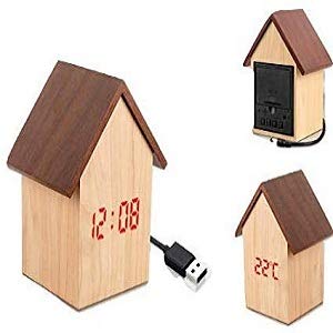 Stupefying HUT Shape Wooden LED Clock with Temperature and Sound Sensor (Dual Power : USB Cable/Battery)