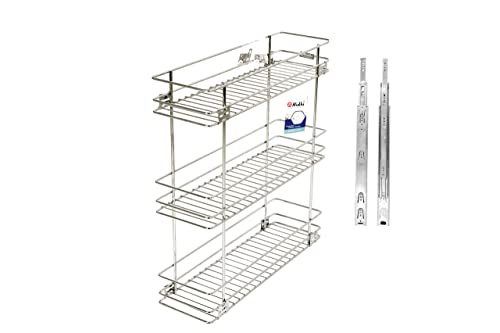 NNIDHI Stainless Steel Modular Bottle Pullout Basket For Modular Kitchen|Triple Pullout Basket| Rack| Organizer-7Mm (8W X 20D X 21H Inches ) With 1 Pair 20Inch Telescopic Channel, Pull-Out Shelves