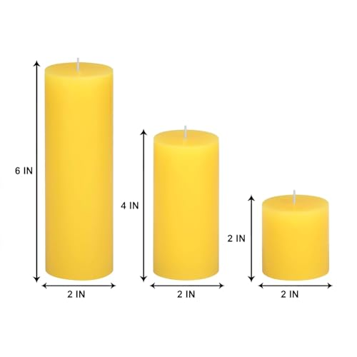 AmodaCandles, Set of 3 Large Round Pillar Candles, Yellow