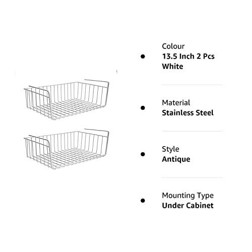 Styleys Metal Under Shelf Basket Wire Rack for Extra Cabinet Storage 13.5-inch (13.5 Inch 2 Pcs White) - S11027A