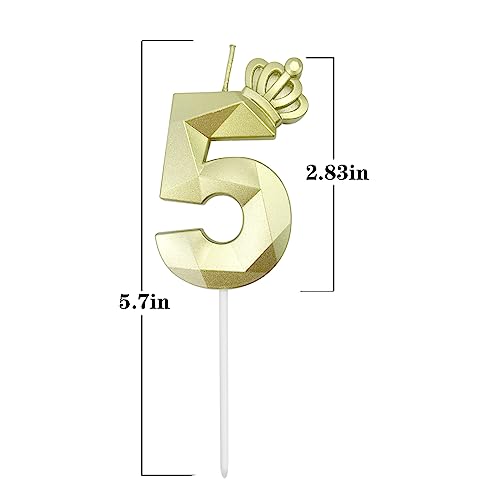 Crown Number Candle 3inch Gold Candle 5 3D Diamond Shape Plus Crown Design Crown Birthday Candle Suitable for Birthday Parties Anniversary Cake Decorations