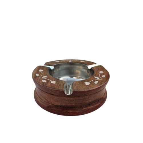 Handcrafted Wooden Ashtray with Metal Insert, Round Shape, Floral Inlay Design, Brown