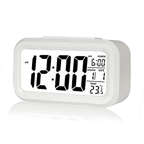 Kadio Digital Alarm Clock,Battery Operated Small Desk Clocks,with Date, Indoor Temperature,Smart Night Light,LCD Clock for Bedroom Home Office (White)