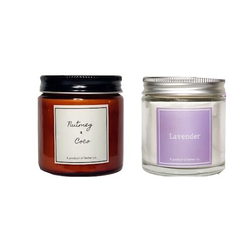 Better co Scented Soy Wax Amber Jar Candle Organic Luxury Aroma Burning Time Upto 20 Hours. Combo Pack of Lavender and Nutmeg + Coco.