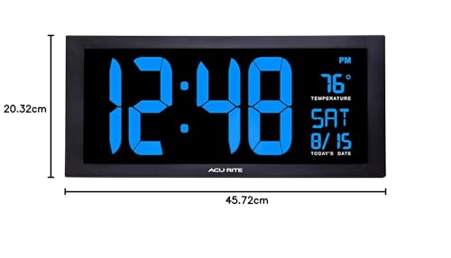 AcuRite 76100M Oversized LED Clock with Indoor Temperature, Date and Fold-Out Stand, 18-inch, Blue