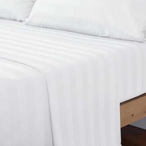 Cotton King Flat Sheet Only, 600 Thread Count 100% Egyptian Cotton Top Sheet 1Pcs, Cool & Breathable Flat Bed Sheets Wrinkle, Fade, Stain Resistant (White Stripe King)