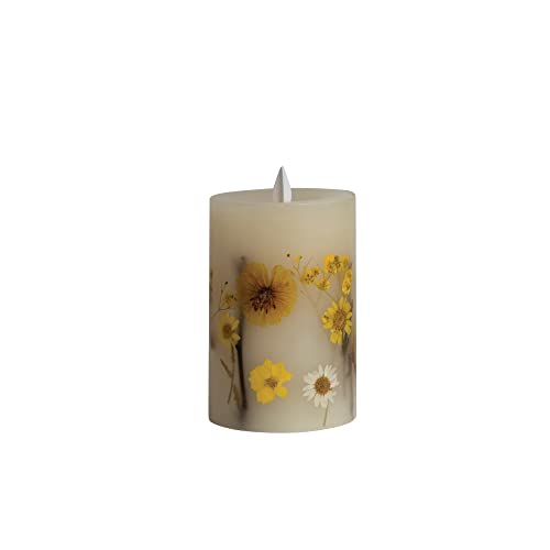 Creative Co-Op Pillar Daisy Inlay and Timer, Multicolor LED Candle, Yellow