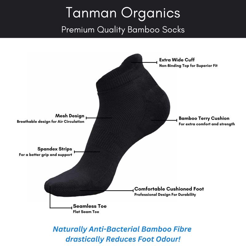 Tanman Organics Bamboo Fiber Unisex Ankle Socks (Odour Free) - Black