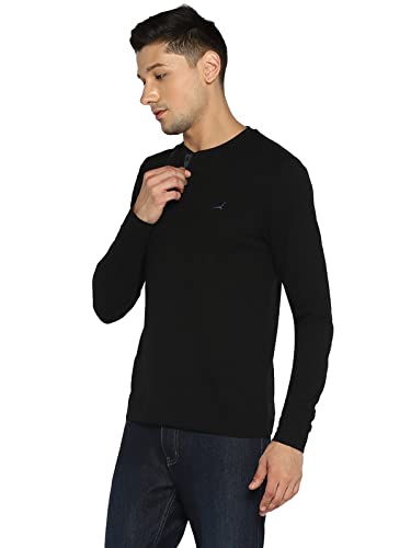 AMERICAN CREW Henley Full Sleeves Black Regular Fit T-Shirt For Men (Ac502_Black_Xl)