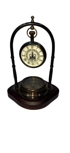 DIVINE GALLERY Clock with Magnetic Compass |Unique| Antique Style Brass Hanging Table Clock Wooden Base Design