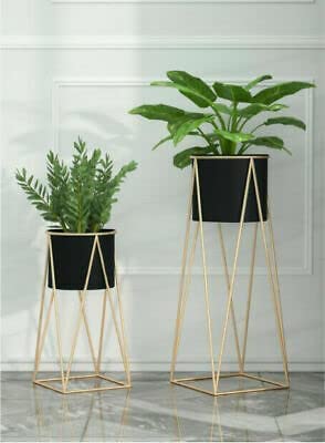 AMASS HANDICRAFTS Planters for Indoor - Outdoor Plants & Modern Metal Floor Tall Plant Stand for Garden, Balcony & Living Room & Mid Century Plant Stands with Pots Set of 2 Flower Pots (Black)