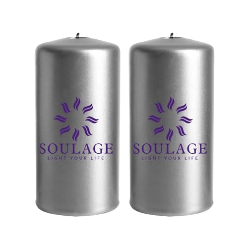 SOULAGE Silver Metallic Pillar Candle Filled with Soy Wax (Set of 2)