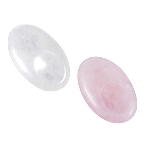 TUMBEELLUWA Pack of 2 Natural Healing Crystals Thumb Stones, Polished Pocket Worry Stone Message Stones Set for Chakra Balancing and Stress Relief, Rose Quartz+Rock Quartz