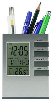 TGB Pen Holder LED Digital LCD Alarm Clock with Calendar Thermometer Desk Supplies Organisers (Grey) (Pack of 1)