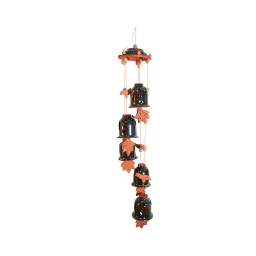 Wind Chimes|Terracotta Wind Chimes|Decorative Hanging Bell for Home and Office Outdoor Garden| Earthen Handmade Hanging Wind Chimes with Melodious Sound 5 Bells 48 cm Long.