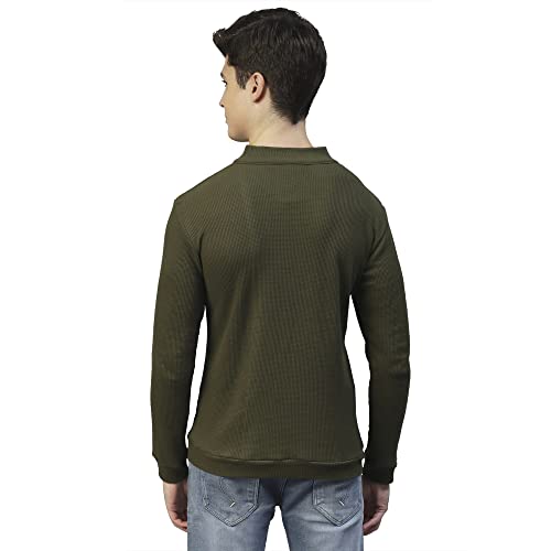 Rigo Men Olive Henley Neck Full Sleeves Waffle Knit T-Shirt