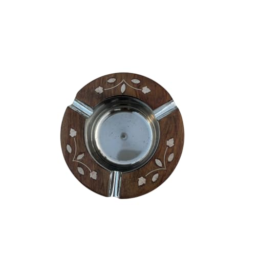 Handcrafted Wooden Ashtray with Metal Insert, Round Shape, Floral Inlay Design, Brown