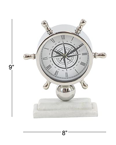 Deco 79 43508 Stainless Steel and Marble Ships Wheel Table Clock, 8" x 9", Silver/White