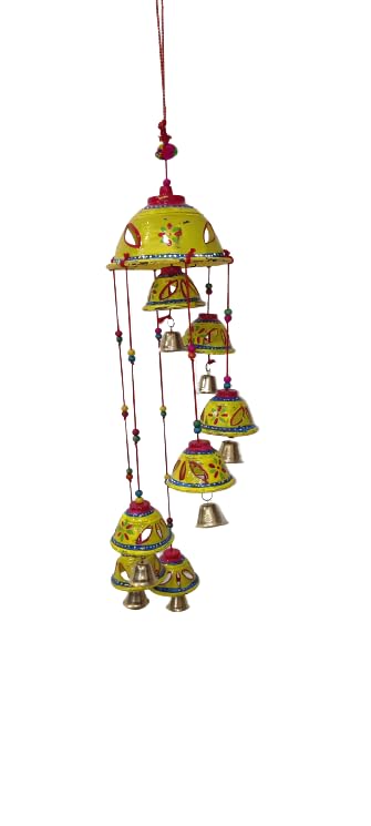 Udaan Fabric Rajasthani Design Handcrafted Hanging Windchimes| Latkan with 7 Bells for Home Décor & Positive Energy,Pack of 1 (Yellow)