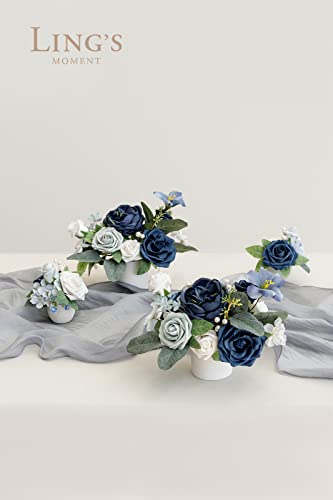 Ling's Moment Wedding Centerpiece Flower with Vase for Ceremony/Reception Tabletop Mantel Archway Aisle, Set of 4|Dusty Blue & Navy