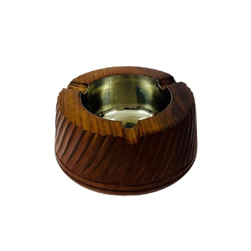 Wooden Ashtray with Metal Insert, Round Design, Carved Brown