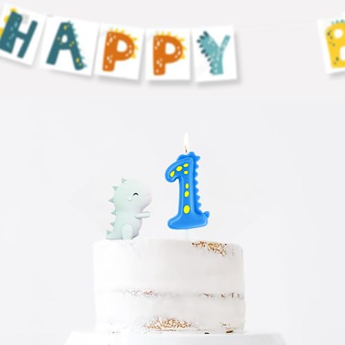 Dinosaur Candle 1, eusbon 2.76" Blue Dino Candle Number 1 for 1st Birthday Theme Party Number Candle Topper for Cake Decoration