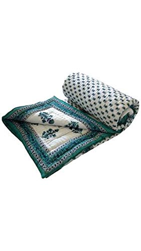 Namastey India Double Bed Size White Jaipuri Cotton AC Quilt Razai Floral Prints for Winters (Blue)