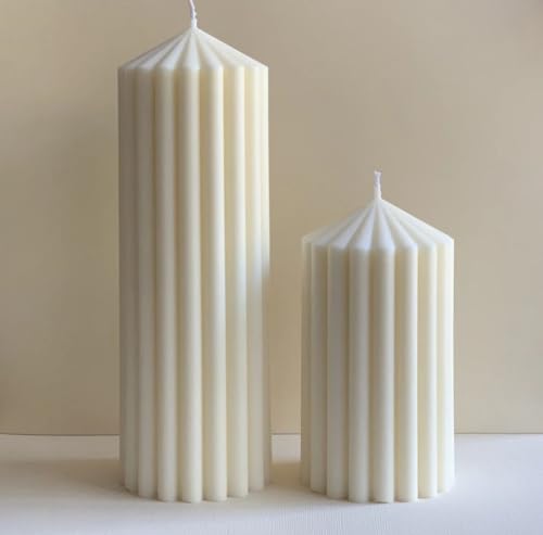 Striped Pillar Candle | Tall Candle | Scented Candles | Soywax | Set of 2 Tall and Short (White)