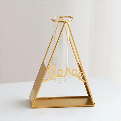 The Pot Dealer Geometric Shape Golden Frame Small Tube Glass Vases Nordic Vase Gold Solid Metal Stand Vase for Home Decor Living Room, Dining Table, Office (Flower Not Included) (Triangle)