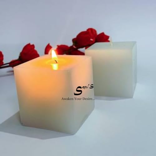 Smooth Scented Designer Square Pillar Candle Pack 2 | Home Decoration Candles | Diwali, Birthday, Valentines, New Year | 100 Hours | Set of 2 (3x3 Inch & 2x2 Inch) (White)