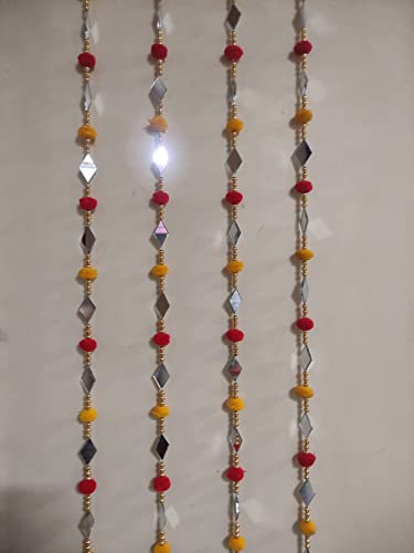 Shriya CREATION'S RED and Yellow Colour POM POM Door/Wall Hanging with Golden Beads, Golden Bell & Diamond Shaped Mirror(Set of Four-4.5 FEET)