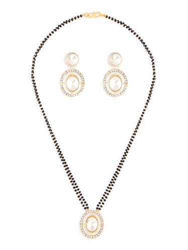 ZAVERI PEARLS Gold Tone Austrian Diamonds Embellished Round Shape Beaded Mangalsutra & Earring Set For Women-ZPFK17077