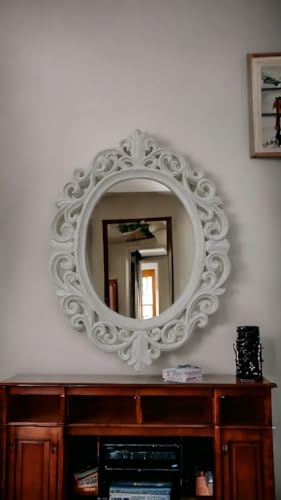 Taksha Decors Carved Wooden Frame Mirror | Intricate Wooden Carving | Royal White duco Paint | 12 inches