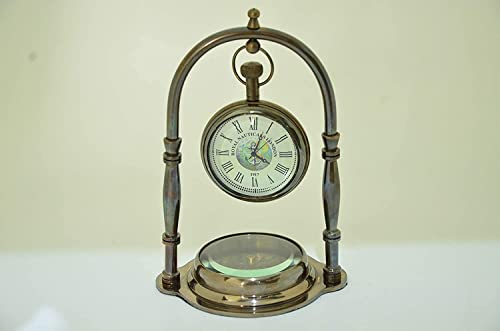 Royal Nautical Handmade Nautical Antique Brass Desk & Shelf Clock with Compass Base Antique Brass Desk Hanging Clock with Compass – Roman Dial.(Set of 5 Pieces)