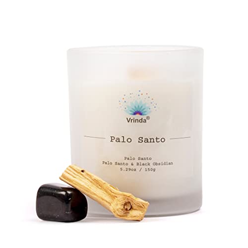 Vrinda® Palo Santo Glass Scented Candle with Crystals, Soy Blend. Approx. 5.29Oz