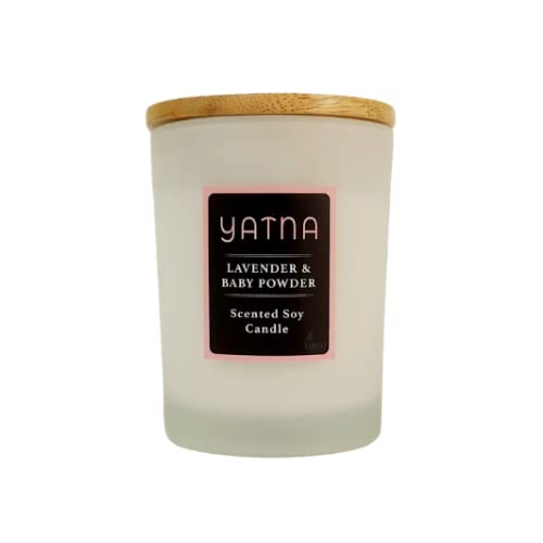 Virgo Creations YATNA Glass Jar Candle, Soy Wax, Lavender-Baby Powder Fragrance, Frosted Glass Jar Candle with Wooden Lid, Home Fragrance Décor Gift, Jar Size 7.5×7.5×10 cm, Pack of 1