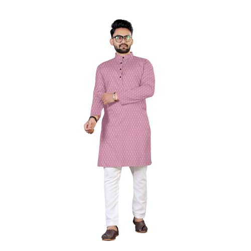 MAYPRA Men's Popcorn Cotton Blend Tailored-Fit Textured Long Kurta Full Sleeves - Casual Ethnic Wear (Large, Pink)