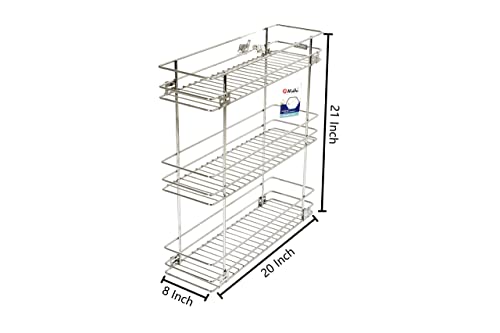 NNIDHI Stainless Steel Modular Bottle Pullout Basket For Modular Kitchen|Triple Pullout Basket| Rack| Organizer-7Mm (8W X 20D X 21H Inches ) With 1 Pair 20Inch Telescopic Channel, Pull-Out Shelves