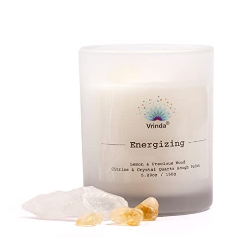 Vrinda® Energising Glass Scented Candle with Crystals, Soy Blend. Approx. 5.29Oz