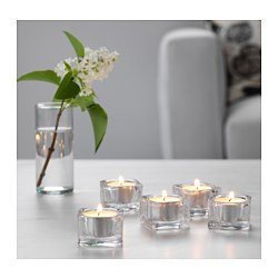 Bundle - 6 Items - Ikea Glimma Unscented Tealights, White, 100 Count with Glasig (5) Pcs. Tealight Holder, Clear Glass