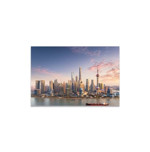 GADGETS WRAP Canvas Gallery Wrap Framed for Home Office Studio Living Room Decoration (14x11inch) - Shanghai Skyline Sunset