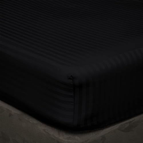 Sateen Bedding- 600TC All Around Elastic 3 Piece Fitted Bedsheet Set- 100% Cotton 1 Fitted Bedsheet with 2 Pillow Cover- 8" Deep Pocket Fitted Sheet-King Sizee, Black Stipe